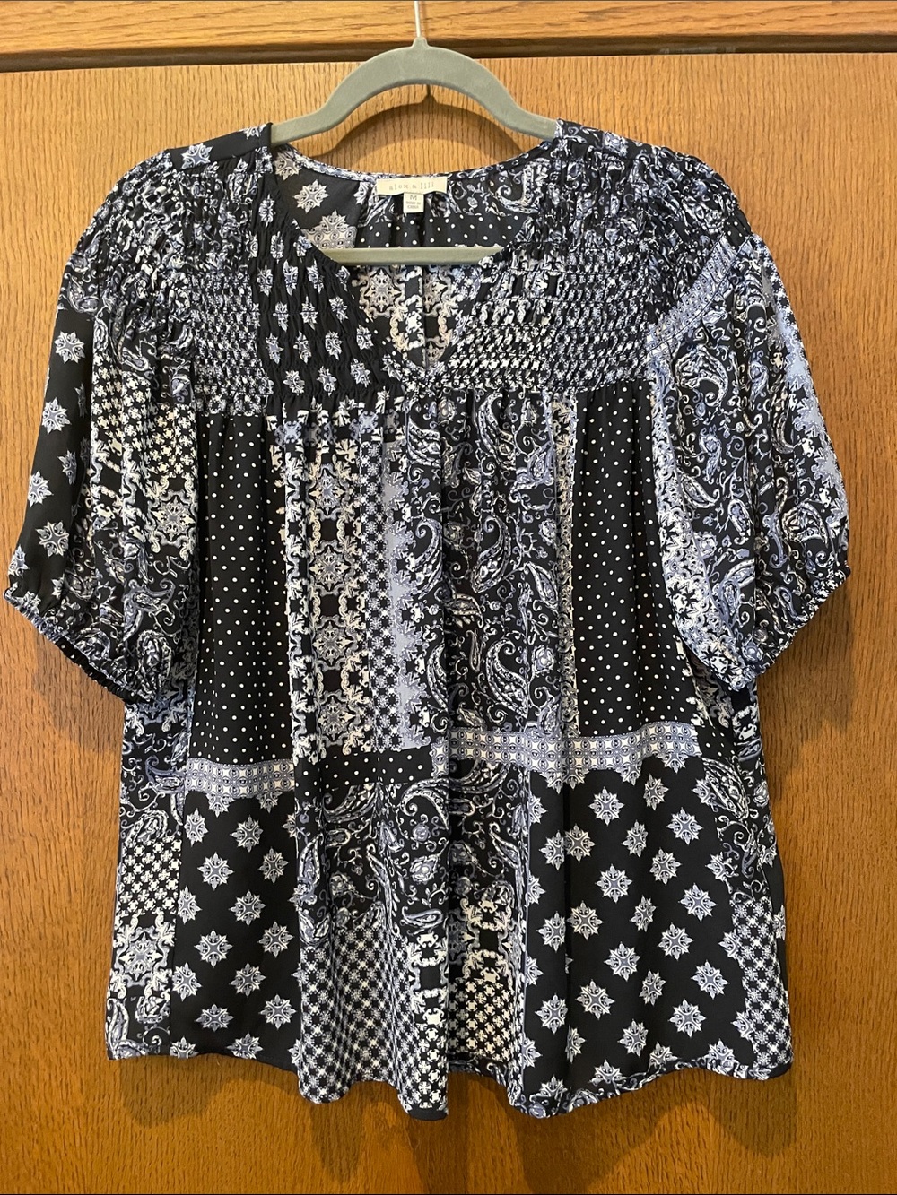 Patchwork Smocked Peasant Blouse - Navy & White N51